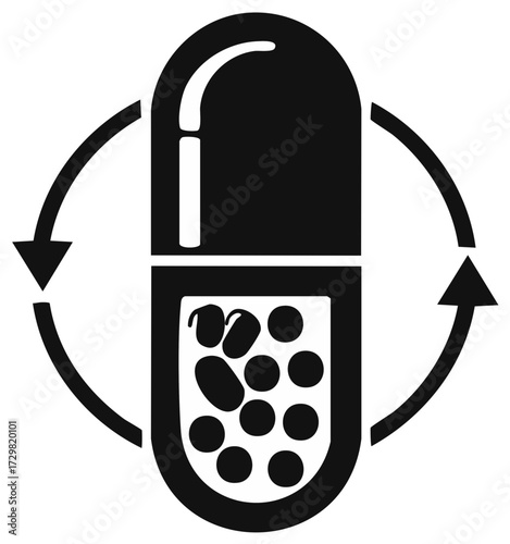 Biotechnology and capsule icon with circular arrows symbol