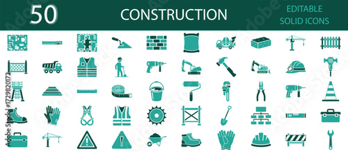 Construction icons set. Tools, helmet, drill, crane, bricks, safety vest, truck, engineer, architecture, site work and building equipment. Editable solid icons