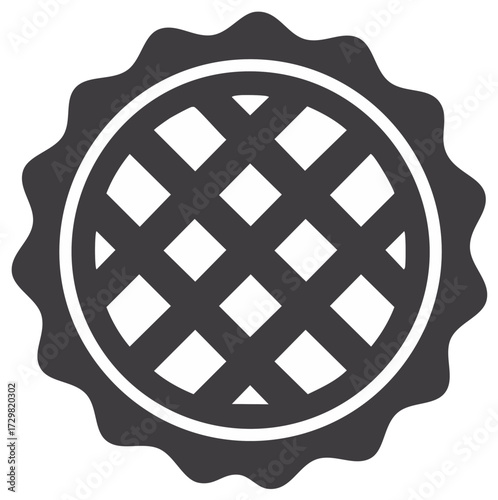Dark gray pie with crisscross top vector icon or symbol with scalloped edges