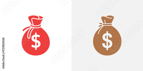 Isolated Red and Brown Money Bags with Dollar Signs on a Light Background