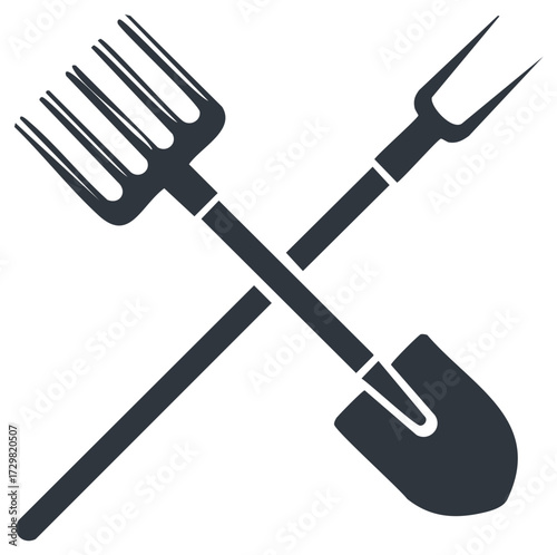 Crossed pitchfork and shovel farm and garden tools vector icon