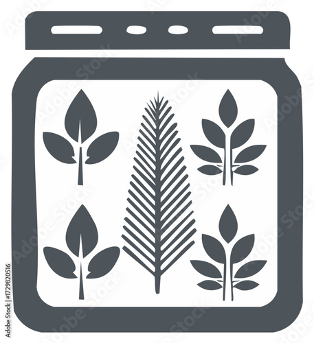 Stylized plant leaves and a fern frond safely contained within a modern glass jar or terrarium