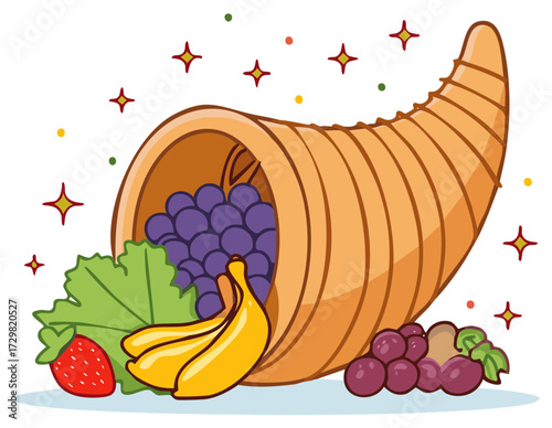 Cartoon Cornucopia with Fruits Bananas Grapes Strawberry and Vegetables Illustration