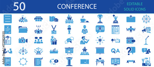 Conference icons set. Meeting, microphone, podium, presentation, networking, badge, communication, teamwork, event, award and seminar. Editable solid icons.