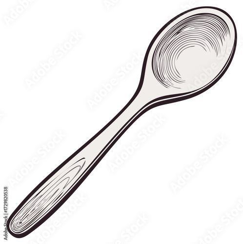 Engraved style drawing of a single dining spoon utensil for kitchen or restaurant use