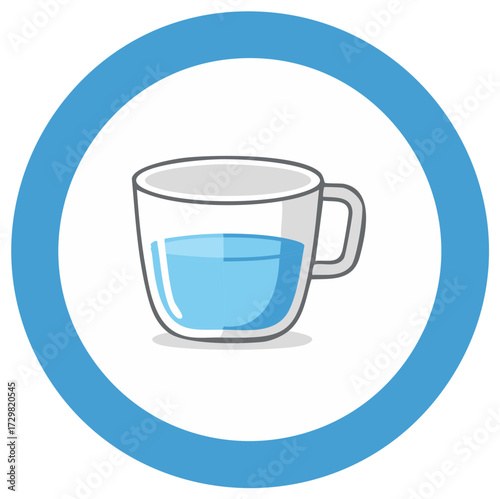 Refreshing blue water in transparent glass cup inside a clean circle icon graphic design