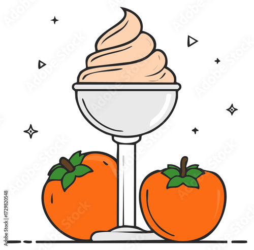Delicious soft serve ice cream in a goblet with fresh persimmons and decorative elements