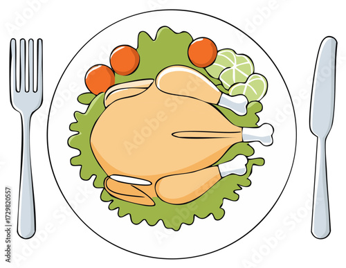 A festive whole roasted chicken served with fresh lettuce and cherry tomatoes on a plate, with fork and knife.