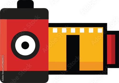 A vector illustration depicting a classic film camera alongside a roll of film rendered with a CMYK color palette on a clean white background