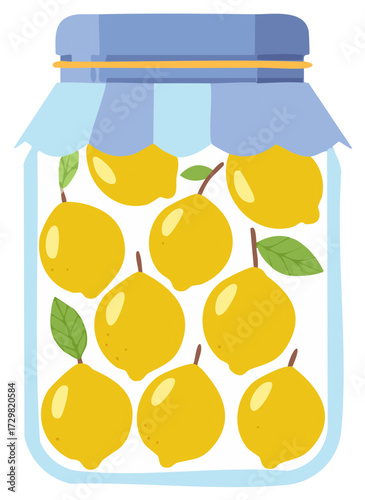 Bright Yellow Lemons Freshly Preserved inside a Sealed Glass Jar with Colorful Lid Detail and Green Leaves Decorative Illustration