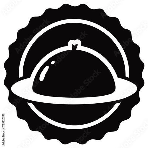 Cloche logo design with decorative scalloped border, black and white