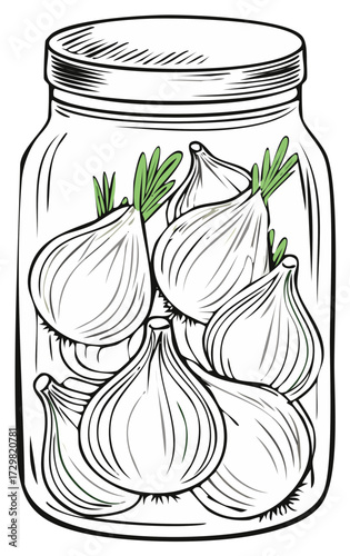 Jar of Pickled Onions with Green Tops Illustration