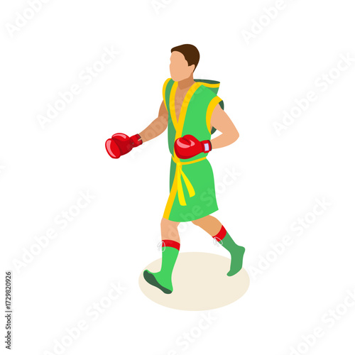 Boxer in a green robe and red boxing gloves ready for a match