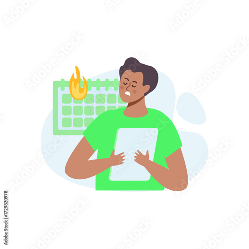 Stressed Man Holding Tablet Near Burning Calendar Illustrating Deadline Pressure