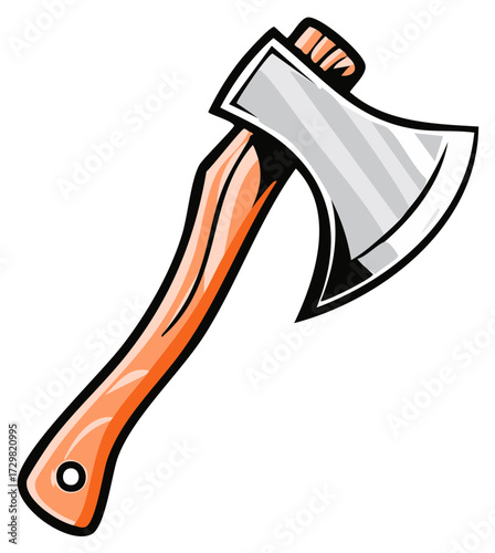 Sharp Metal Axe with Orange Wooden Handle Isolated on White