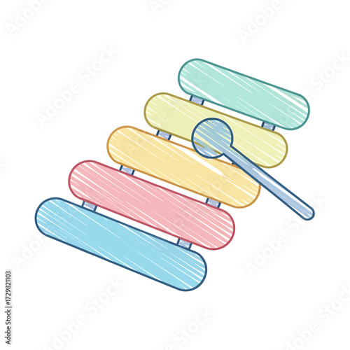 Vibrant hand-drawn illustration of a colorful toy xylophone, a classic musical instrument for childhood education and creative playtime