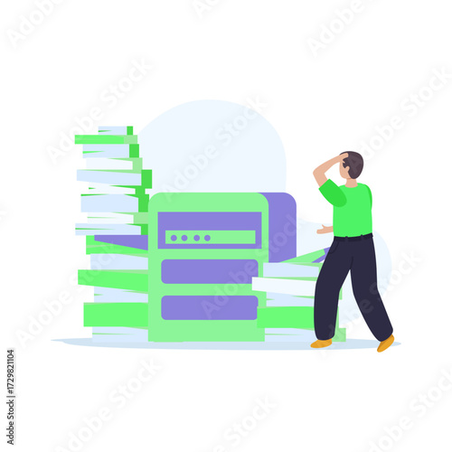Overwhelmed professional facing a huge stack of papers and a server, symbolizing data overload and stress