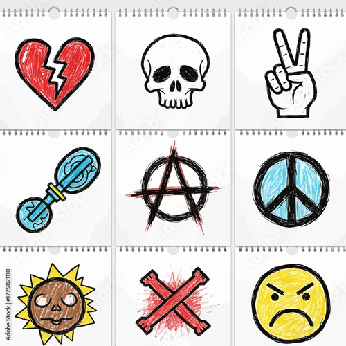 Set of diverse, sketchy doodle illustrations on notebook paper, featuring cultural symbols like anarchy, peace, and a broken heart