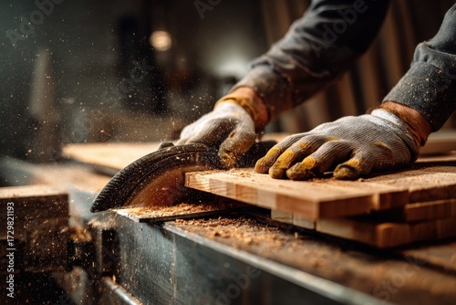Craftsmans Gloved Hands Precisely Cutting Wood with Circular Saw, Sawdust Flying in Workshop.