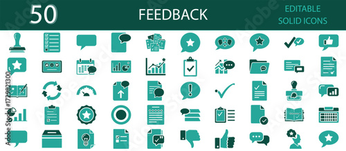 Feedback Solid Icons – Vector Pack of 50 Editable Symbols for Ratings, Reviews, Customer Opinions, Communication, Satisfaction Surveys, Quality Control, and Business Performance Evaluation Projects