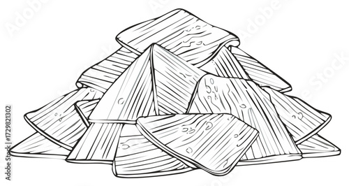 Stack of triangular wooden planks with wood grain texture artistic line drawing