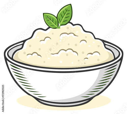 Cartoon illustration of mashed potatoes with basil leaves in a white bowl