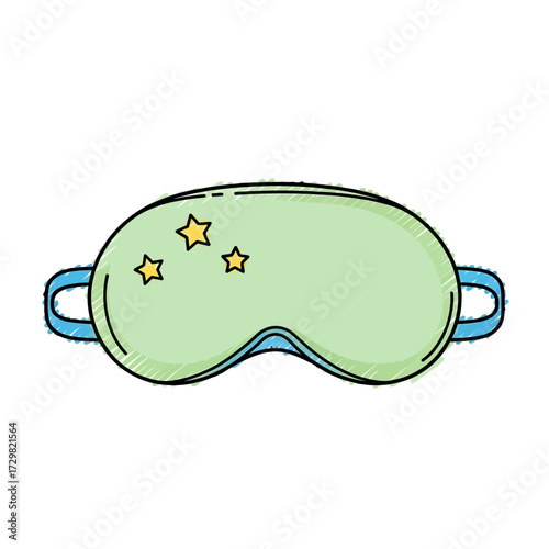 Hand-drawn doodle of a light green sleep mask with stars, a charming icon for bedtime, rest, and sweet dreams