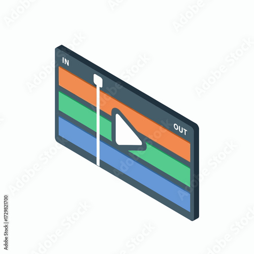Digital media creation concept with an isometric video editor timeline, illustrating the post-production workflow and sequencing process