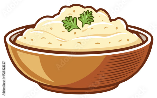 Bowl of creamy mashed potatoes garnished with parsley.