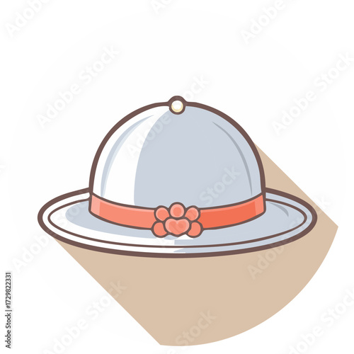 Cartoon style illustration of a stylish white sun hat adorned with a coral ribbon and floral details