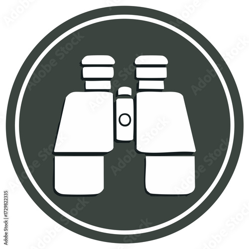 Simple white binoculars icon in a dark gray circle vector illustration