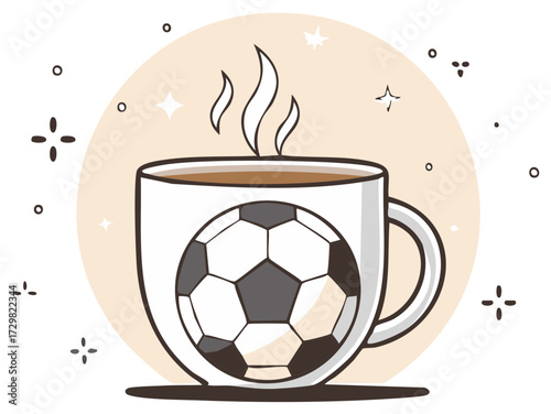 Hot drink with soccer ball print, illustration of coffee cup for football lovers