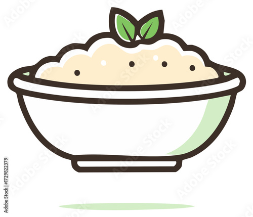 Bowl of Creamy Oatmeal with Green Mint Leaves Vector Illustration