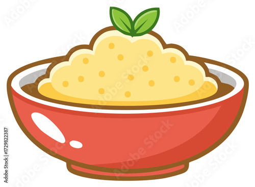 Vibrant cartoon illustration of mashed potatoes in a red bowl with green herb garnish