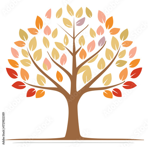 Graphic vector tree with colorful autumn leaves symbolizing nature, seasons, and growth