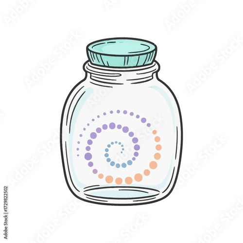 A whimsical doodle of a DNA double helix spiral preserved as a specimen inside a glass laboratory jar for scientific research