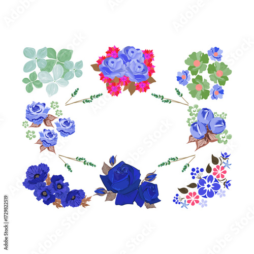 Beautiful Blue and Green floral arrangements and borders with decorative elements