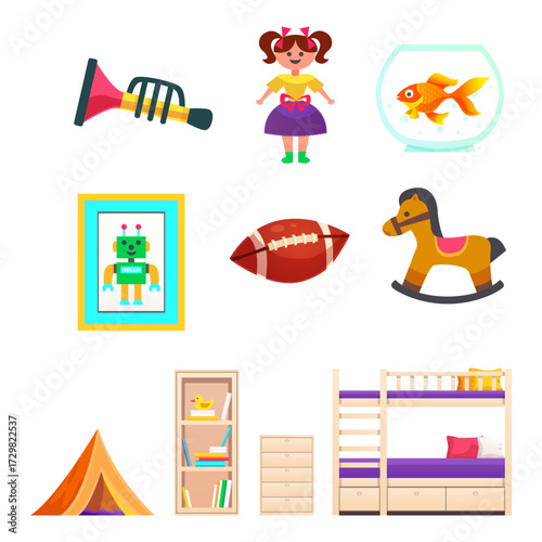 Collection of toys and children's room furniture, including a tent, rocking horse, and bunk bed