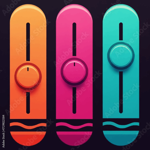 Vibrant user interface sliders for audio mixing and digital settings. Colorful control panel faders on a dark background for customization and adjustment