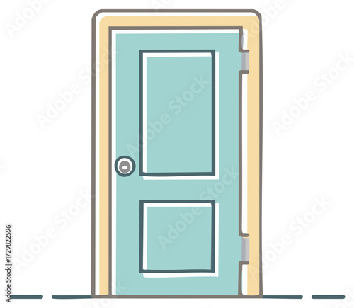 Simple illustration of a closed teal door with two panels and a doorknob entry
