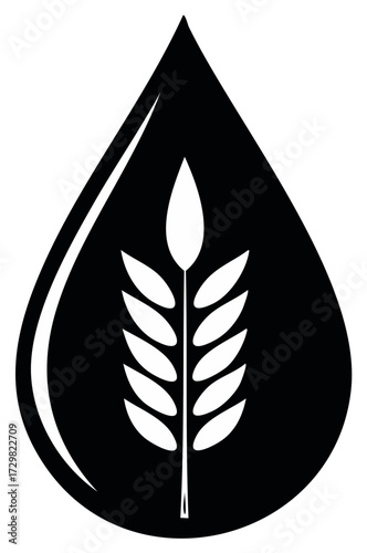 Black and white icon of a water drop containing a wheat stalk symbolizing agriculture or natural resources