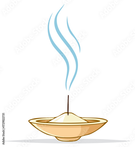 Cartoon incense stick burning in a ceramic bowl emitting calming blue smoke