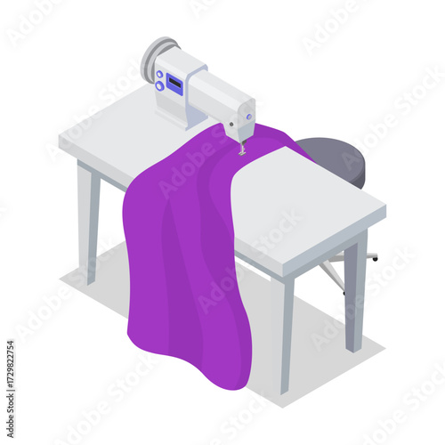 Sewing machine on table with purple fabric, illustration of a crafting and hobby tool