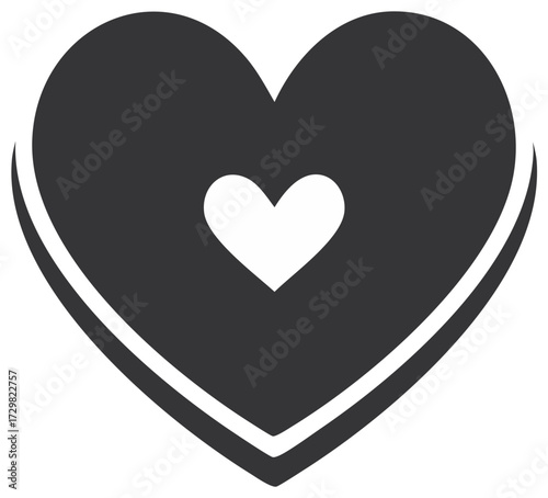 Nested heart symbol featuring dark gray outer heart shape with smaller white heart at center, outlined