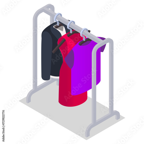 Isometric clothing rack with a suit jacket, red dress, and purple top on hangers
