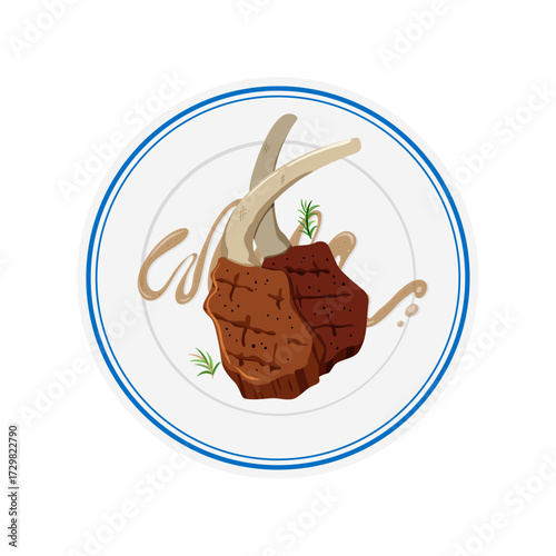 Grilled Lamb Chops with Rosemary and a Drizzle of Sauce on a White Plate