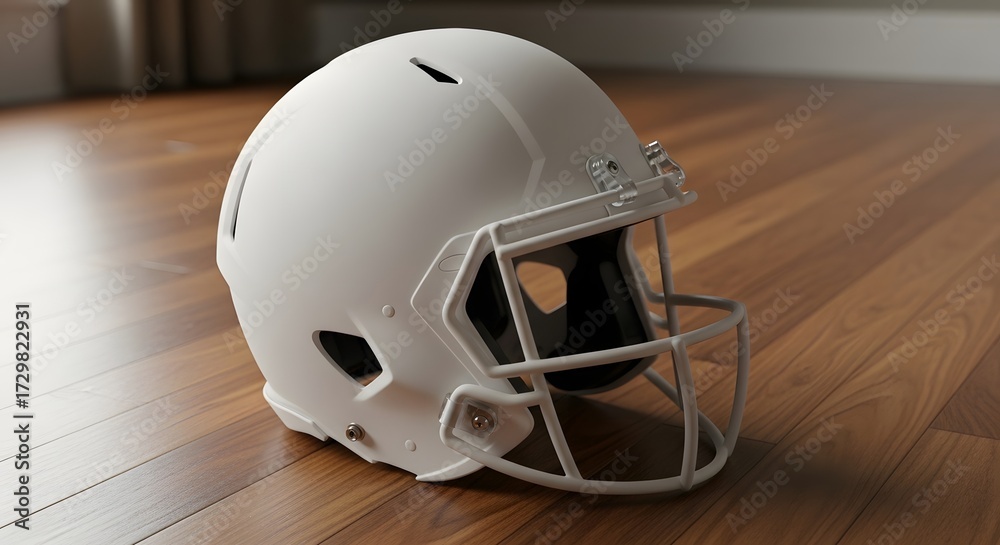 Fototapeta premium American Football Helmet, White, on Wooden Floor, Sports Equipment