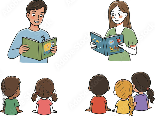 Teachers Reading Storybooks to Children in Classroom – Kids Listening to Story Time Education Learning Illustration for School Design