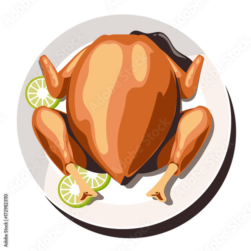 Delicious Roasted Whole Chicken with Lime Slices on a White Plate, Top View