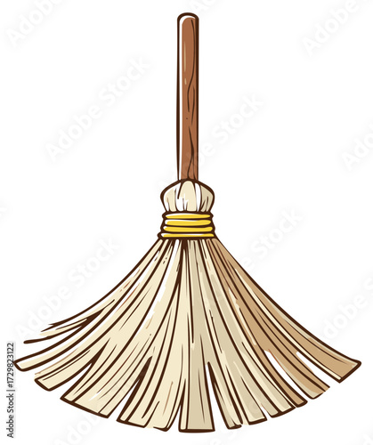 Hand drawn cartoon illustration of a classic straw broom with a wooden handle